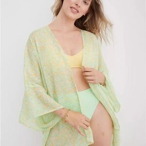 Aerie Green and Yellow Swim Coverup OS Floral Print